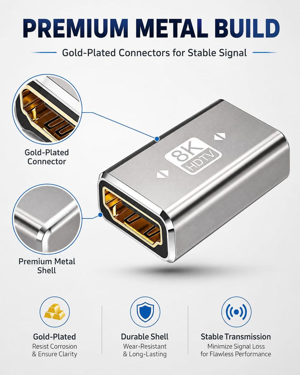 ONYXX Electronics 8K HDMI Female to Female Coupler, HDMI Extension Adapter, Gold-Plated HDMI Joiner Connector, Supports HDR, 3D & Ultra HD, Compatible with TV, Monitor, Projector, PC & Games Consoles