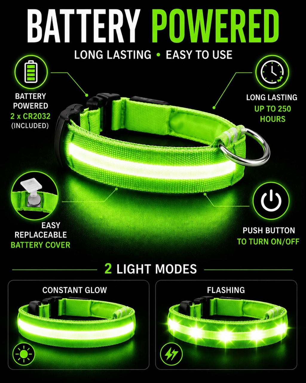 ONYXX Electronics LED Dog Collar, Light Up Reflective Dog Collar for Night Walking, Adjustable Safety Collar for Dogs, High Visibility LED Pet Collar, Battery Powered