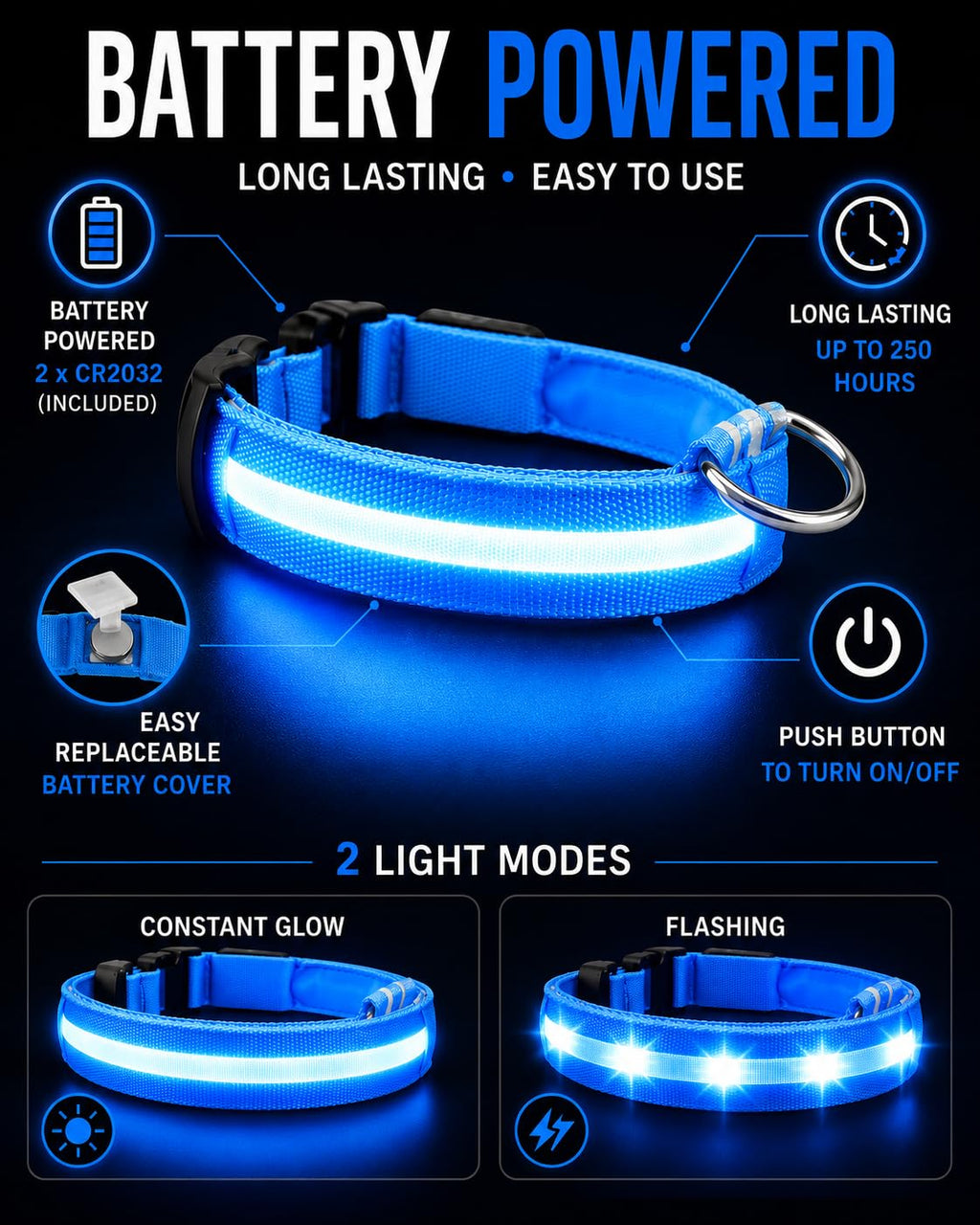 ONYXX Electronics LED Dog Collar, Light Up Reflective Dog Collar for Night Walking, Adjustable Safety Collar for Dogs, High Visibility LED Pet Collar, Battery Powered