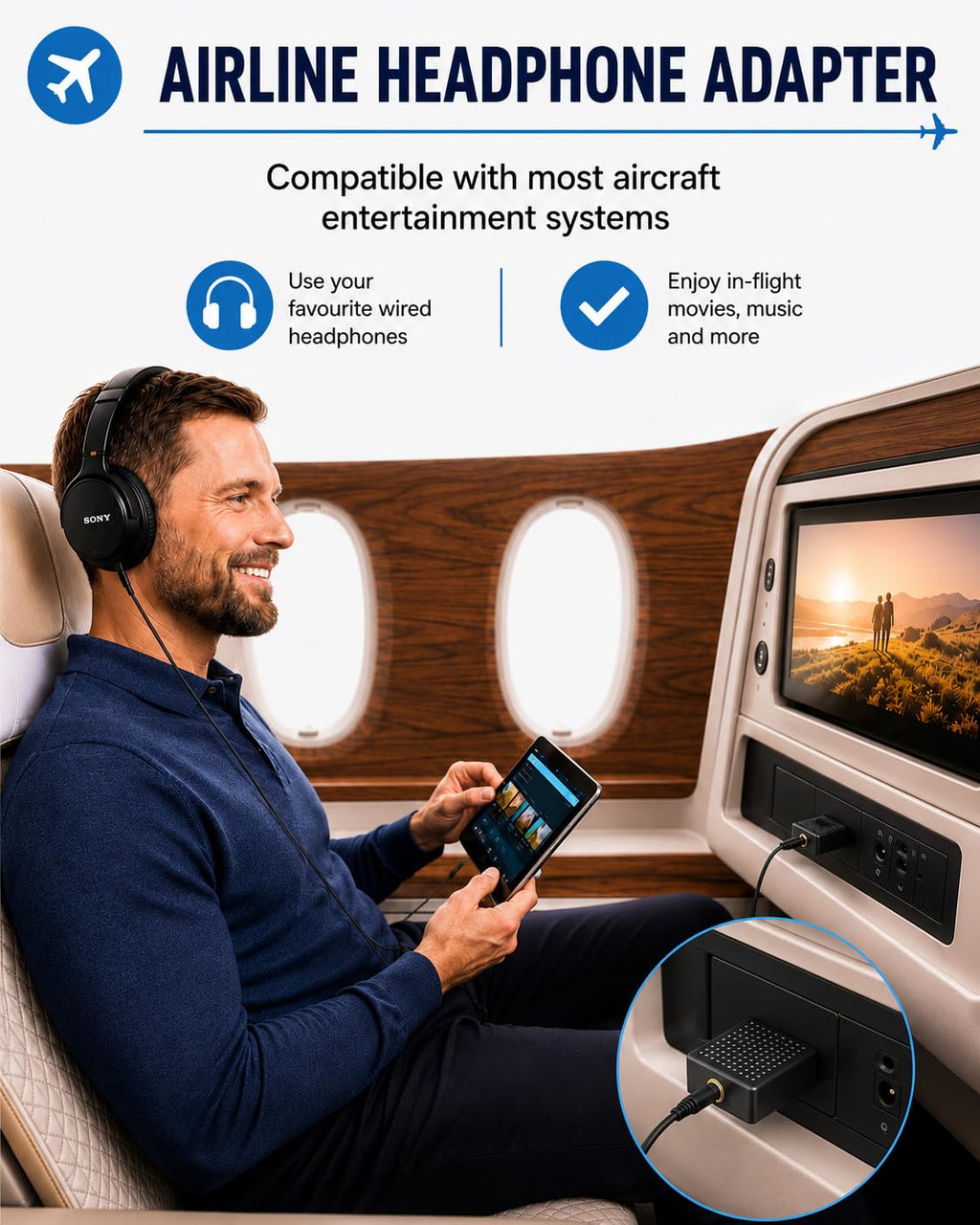 ONYXX Electronics Aircraft Headphone Adapter, Airline Dual 3.5mm Plug to 3.5mm Audio Jack Converter, Airplane Headphone Jack Adapter, Flight Entertainment Audio Adapter, Gold-Plated Connectors