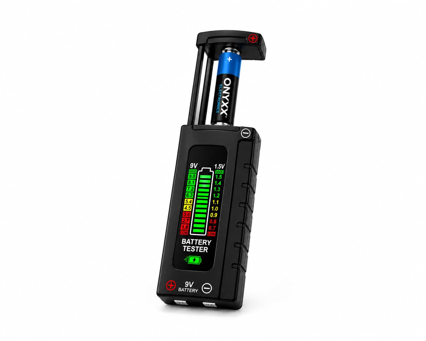 ONYXX E Digital Battery Tester with Easy Read LCD Display – Universal Household Battery Checker for AA AAA C D 9V 1.5V Cells – No Battery Required – Portable Battery Testing Tool