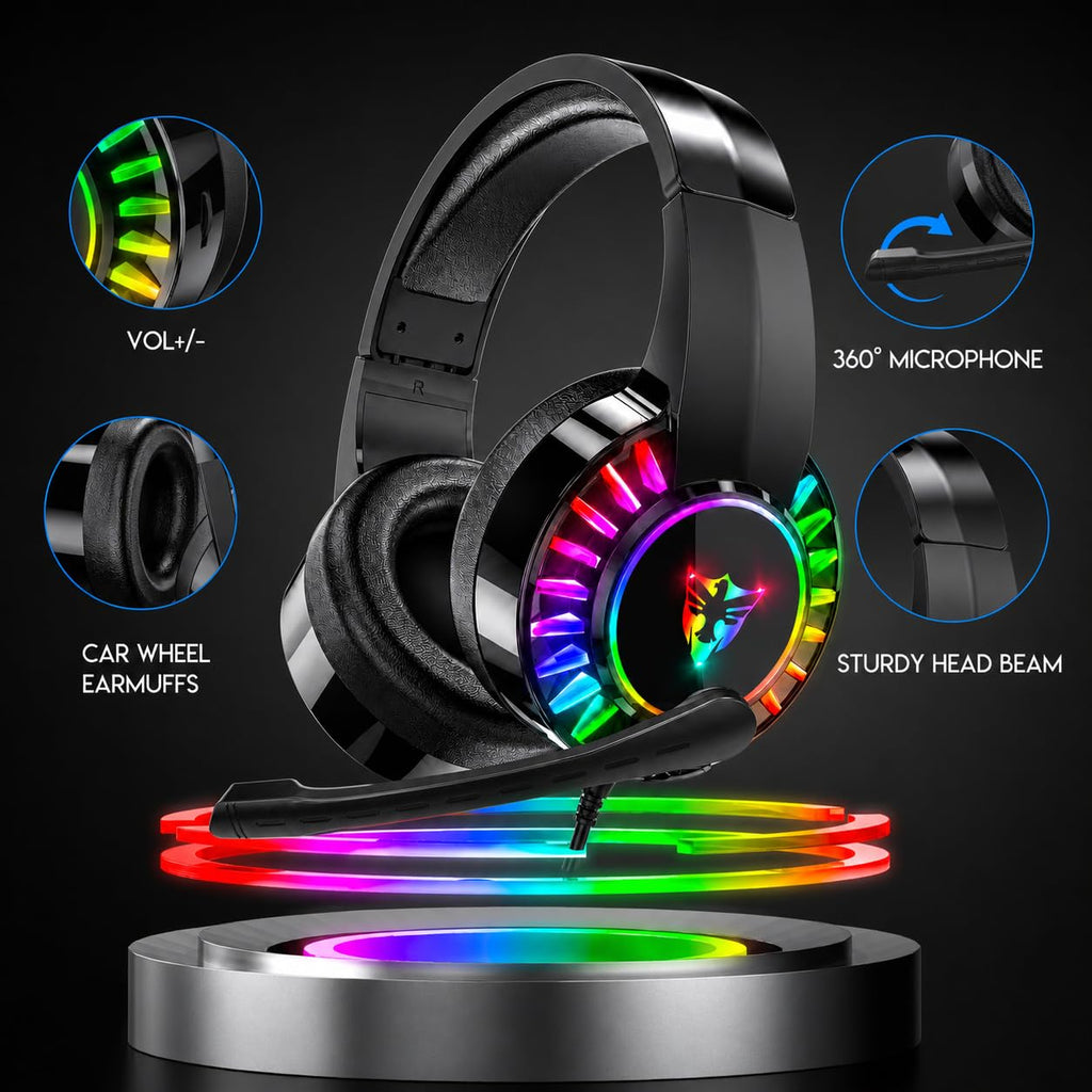 ONYXX Electronics USB PC Gaming Headset with Microphone, Wired USB Computer Headphones for PC & Laptop, Over Ear Headset with LED Light, Stereo Sound, Soft Ear Cushions & Adjustable Headband, Black