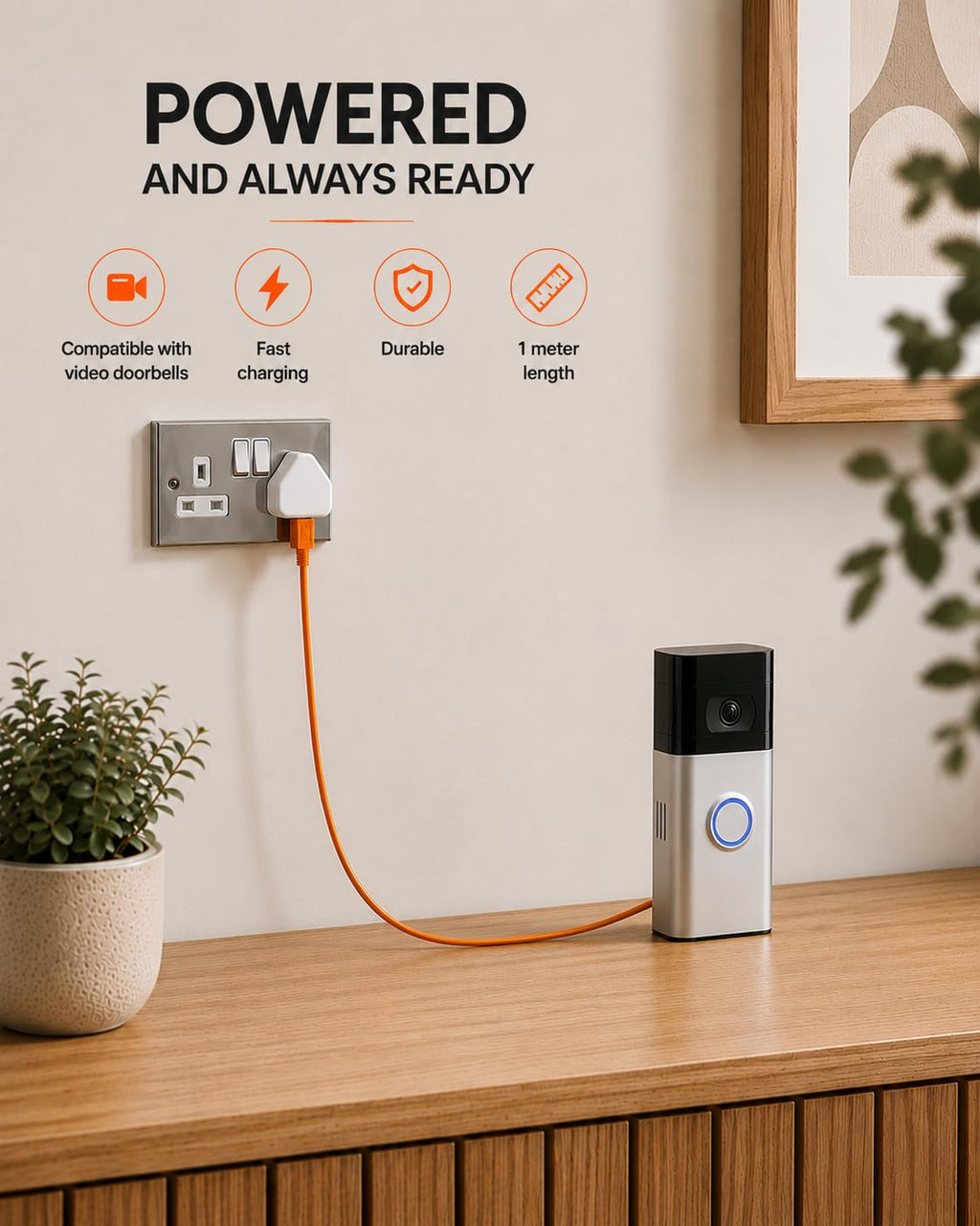 ONYXX Electronics USB-A to Micro USB Charging Cable Compatible with Video Doorbells, Fast Charging Power Cable for Rechargeable Smart Video Doorbell Battery, Compatible with Ring, 1m Orange