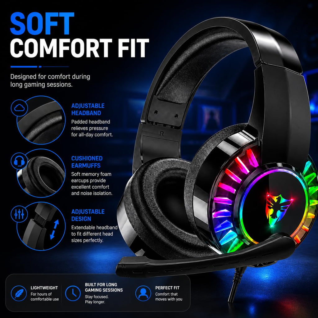 ONYXX Electronics USB PC Gaming Headset with Microphone, Wired USB Computer Headphones for PC & Laptop, Over Ear Headset with LED Light, Stereo Sound, Soft Ear Cushions & Adjustable Headband, Black