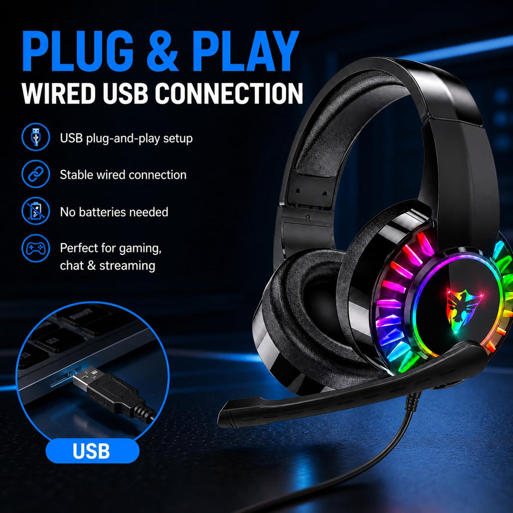 ONYXX Electronics USB PC Gaming Headset with Microphone, Wired USB Computer Headphones for PC & Laptop, Over Ear Headset with LED Light, Stereo Sound, Soft Ear Cushions & Adjustable Headband, Black