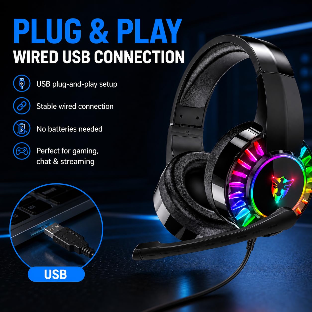 ONYXX Electronics USB PC Gaming Headset with Microphone, Wired USB Computer Headphones for PC & Laptop, Over Ear Headset with LED Light, Stereo Sound, Soft Ear Cushions & Adjustable Headband, Black