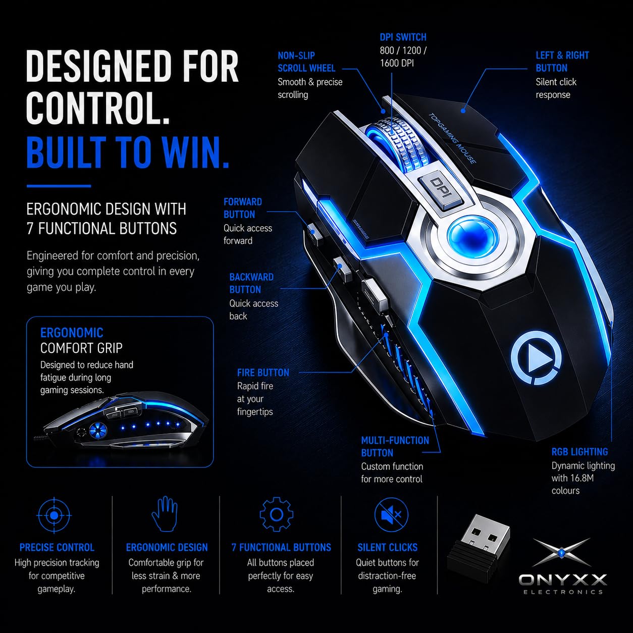 ONYXX Electronics Wireless Gaming Mouse Rechargeable RGB Backlit – Ergonomic Silent 7 Button Gaming Mouse with Adjustable 800-1600 DPI, USB Receiver, for PC Laptop Computer Gamer