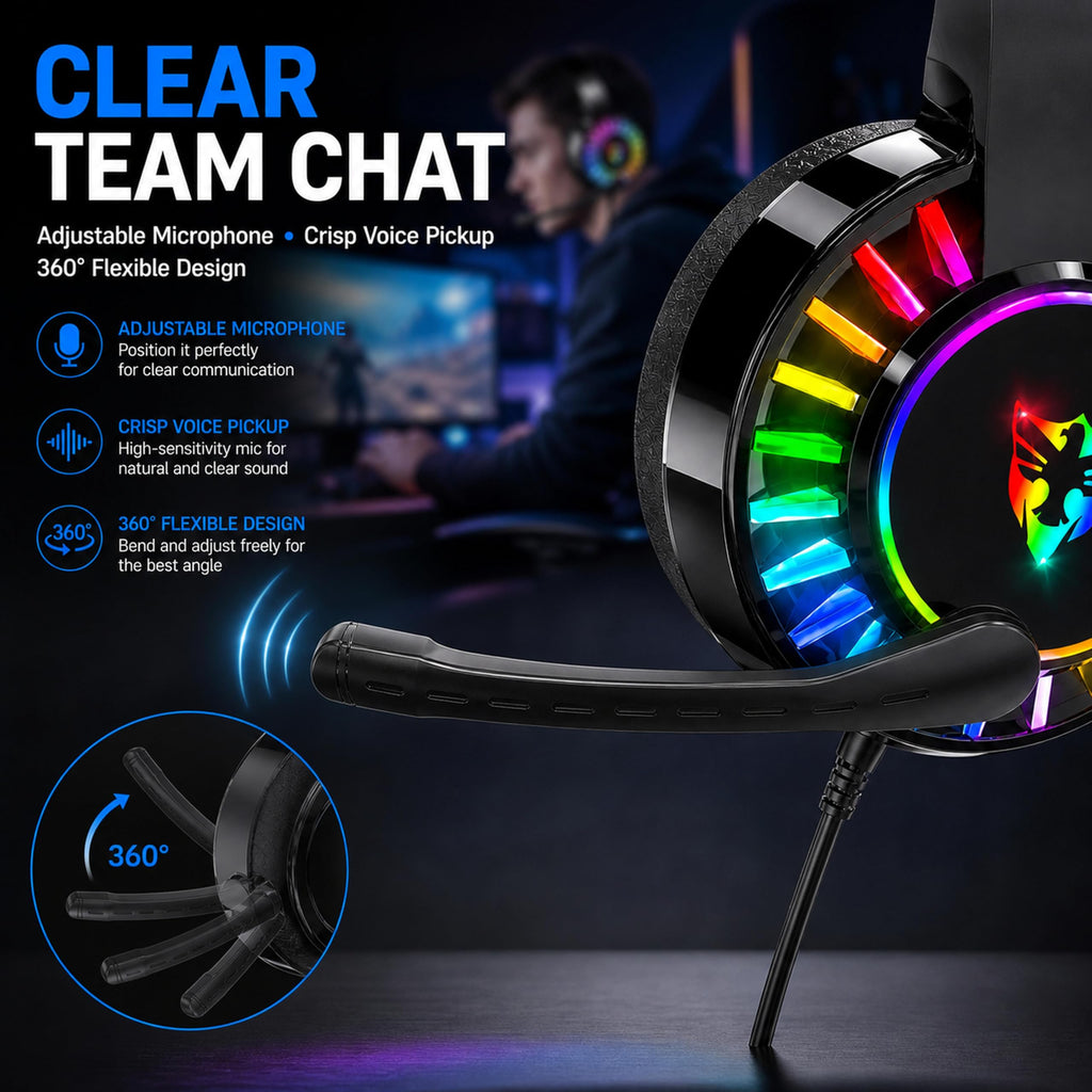 ONYXX Electronics USB PC Gaming Headset with Microphone, Wired USB Computer Headphones for PC & Laptop, Over Ear Headset with LED Light, Stereo Sound, Soft Ear Cushions & Adjustable Headband, Black