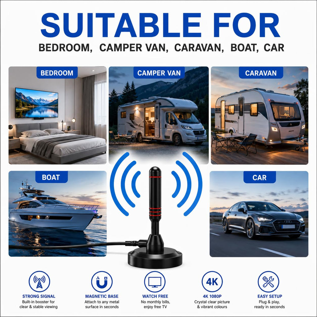 T808 2026 Indoor HDTV Aerial with Signal Booster – Digital TV Antenna for Smart TV & Freeview, Long Range Support 4K 1080P – Magnetic Base & 10FT Coax Cable