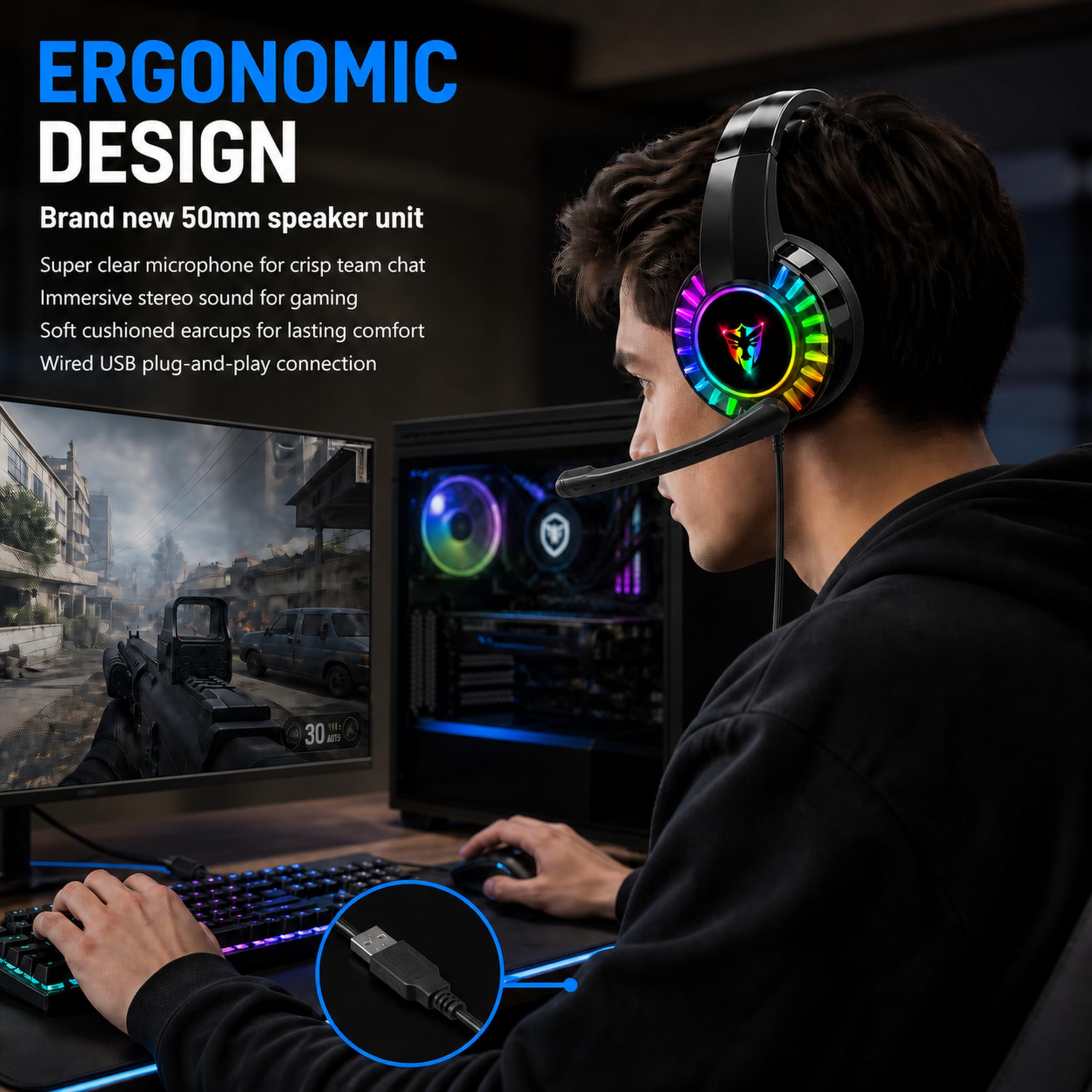 ONYXX Electronics USB PC Gaming Headset with Microphone, Wired USB Computer Headphones for PC & Laptop, Over Ear Headset with LED Light, Stereo Sound, Soft Ear Cushions & Adjustable Headband, Black