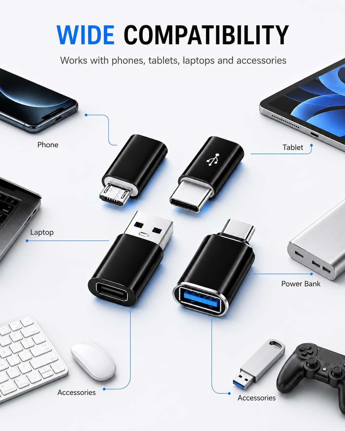 ONYXX Electronics USB Adapter Set of 4, USB C to USB Adapter, USB to USB C Adapter, USB C to Micro USB Adapter, Micro USB to USB C Adapter, OTG Converter Kit for Fast Charging & Data Transfer