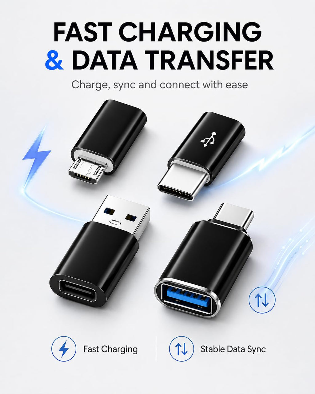 ONYXX Electronics USB Adapter Set of 4, USB C to USB Adapter, USB to USB C Adapter, USB C to Micro USB Adapter, Micro USB to USB C Adapter, OTG Converter Kit for Fast Charging & Data Transfer