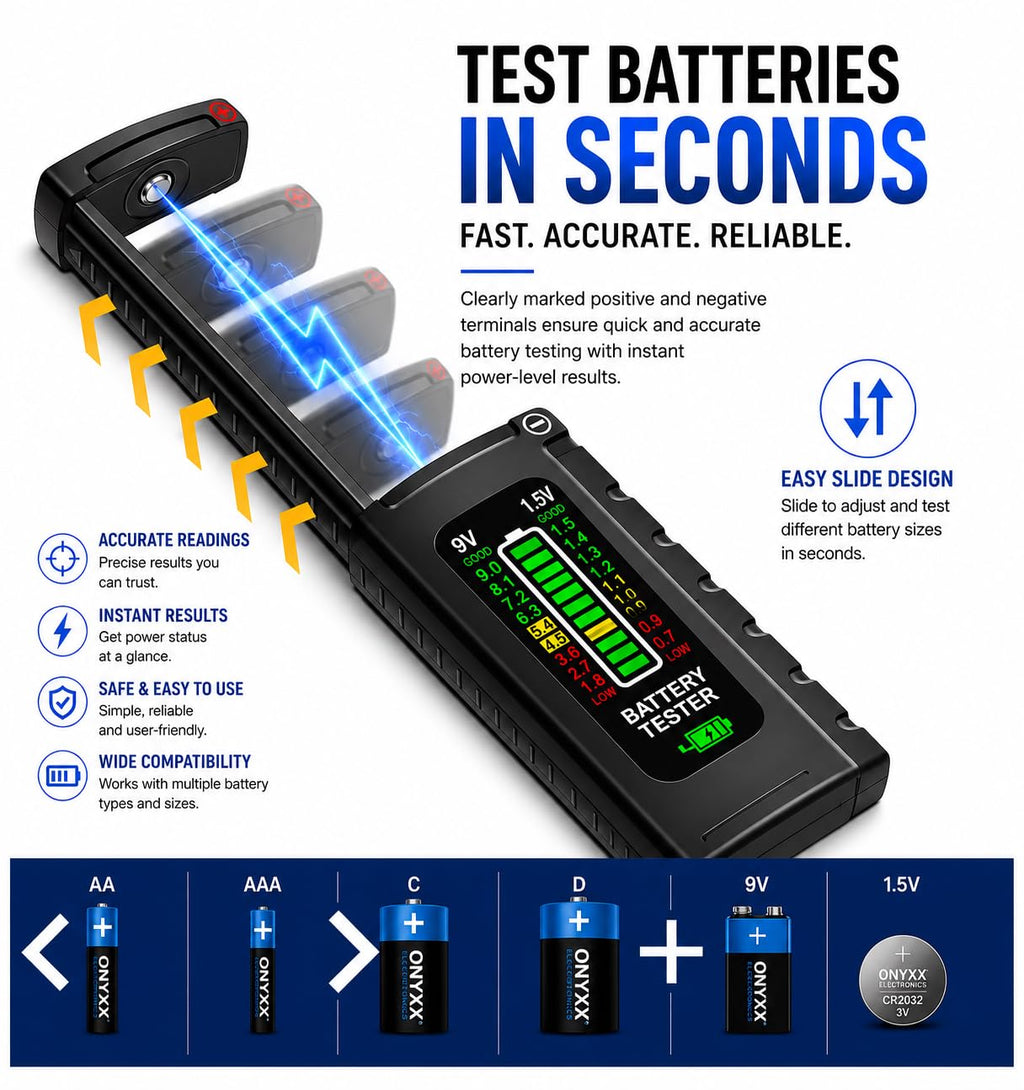 ONYXX E Digital Battery Tester with Easy Read LCD Display – Universal Household Battery Checker for AA AAA C D 9V 1.5V Cells – No Battery Required – Portable Battery Testing Tool