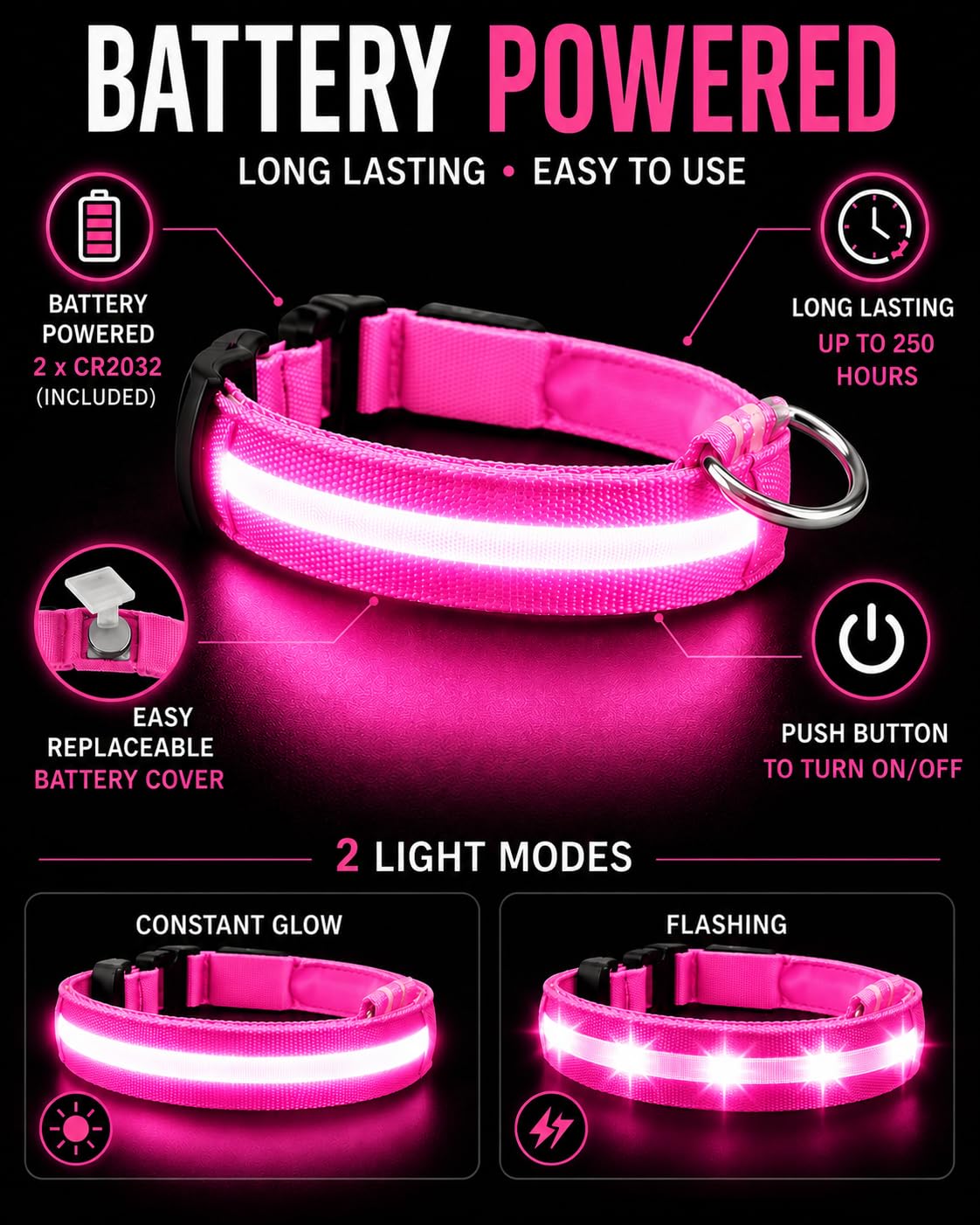 ONYXX Electronics LED Dog Collar, Light Up Reflective Dog Collar for Night Walking, Adjustable Safety Collar for Dogs, High Visibility LED Pet Collar, Battery Powered