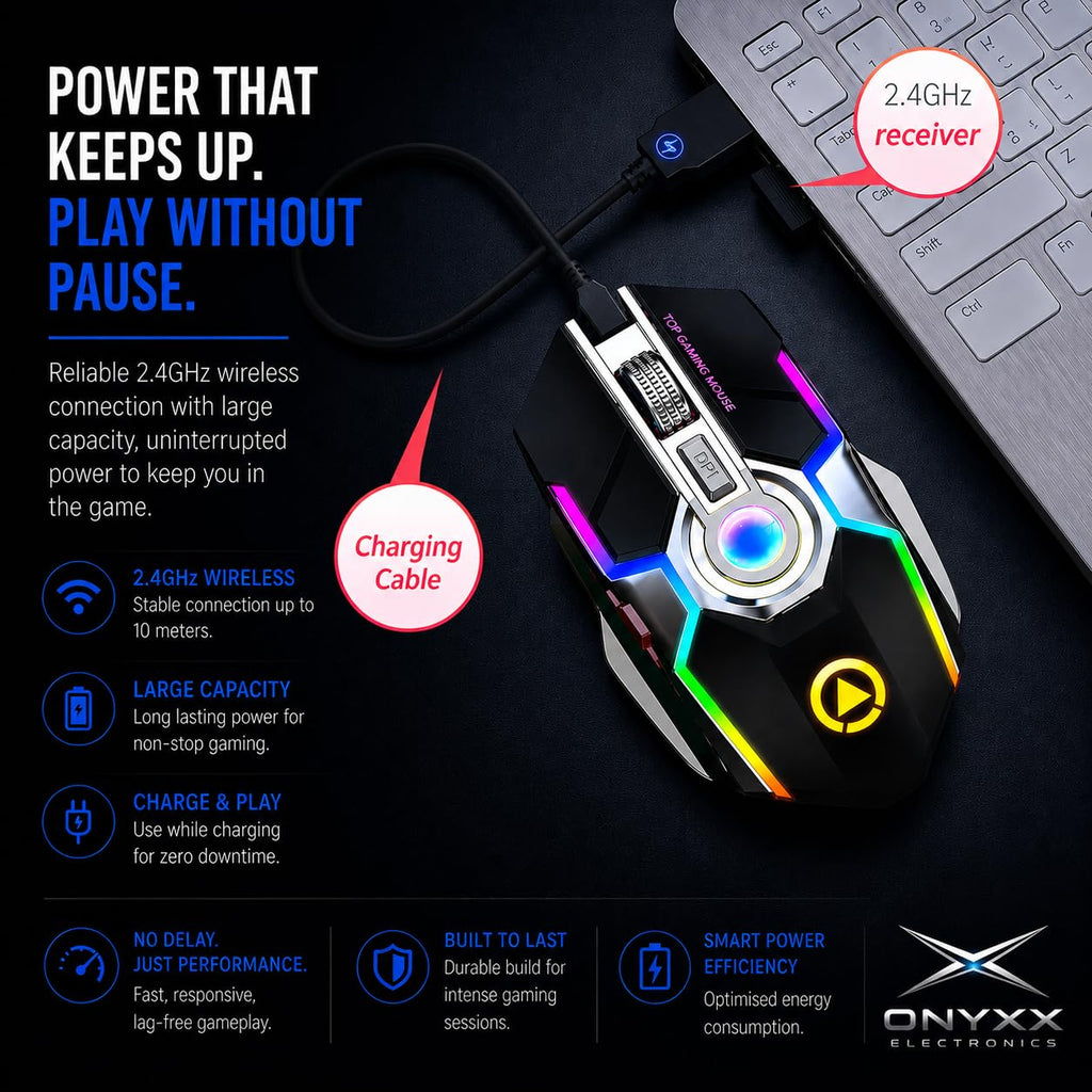 ONYXX Electronics Wireless Gaming Mouse Rechargeable RGB Backlit – Ergonomic Silent 7 Button Gaming Mouse with Adjustable 800-1600 DPI, USB Receiver, for PC Laptop Computer Gamer