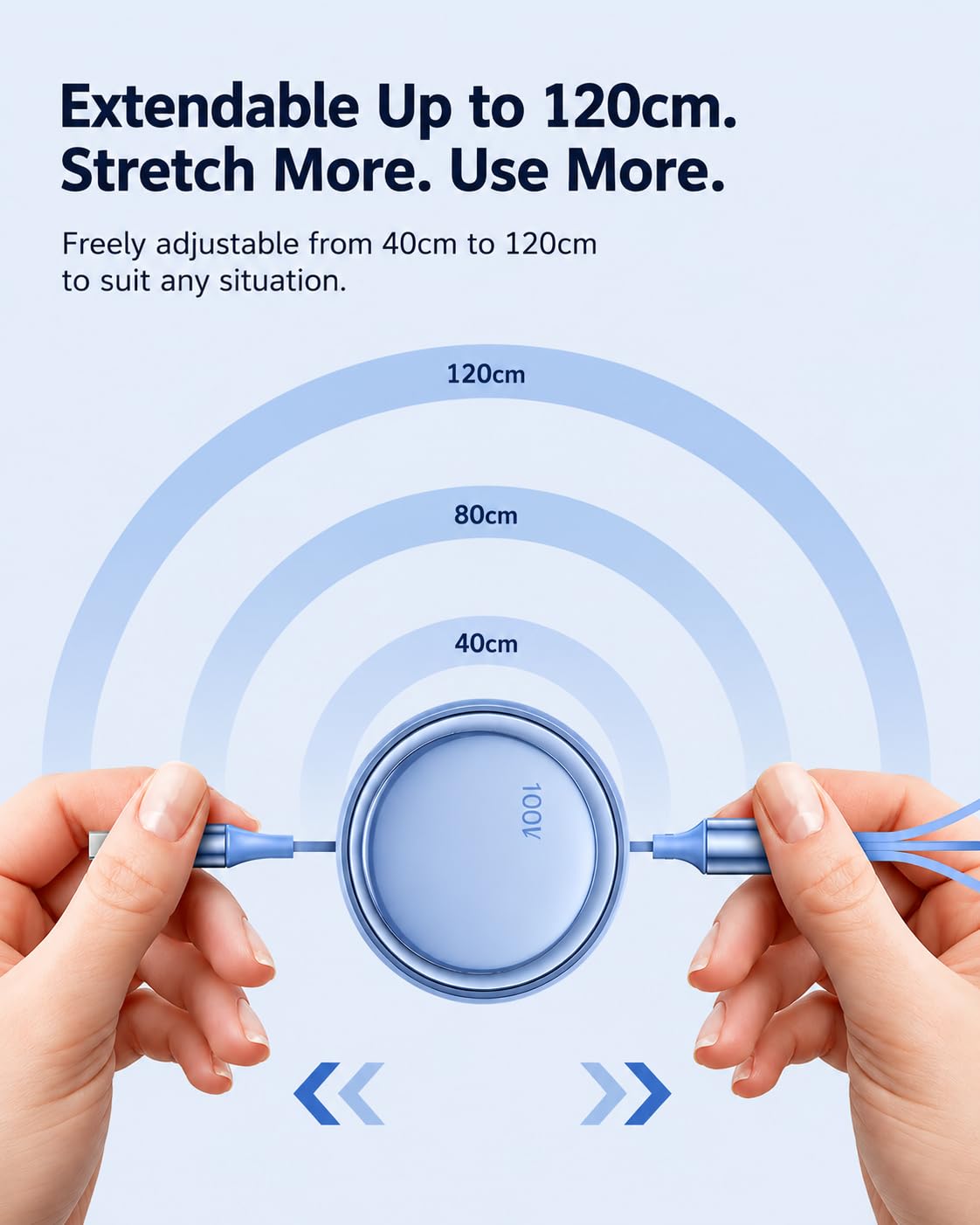 3 in 1 Charging Cable Retractable 100W Fast Charging Cord – USB Multi Charger Cable Compatible with Lightning, Type C & Micro USB, Anti-Tangle Adjustable Cable for iPhone Android Phones (1.2M)