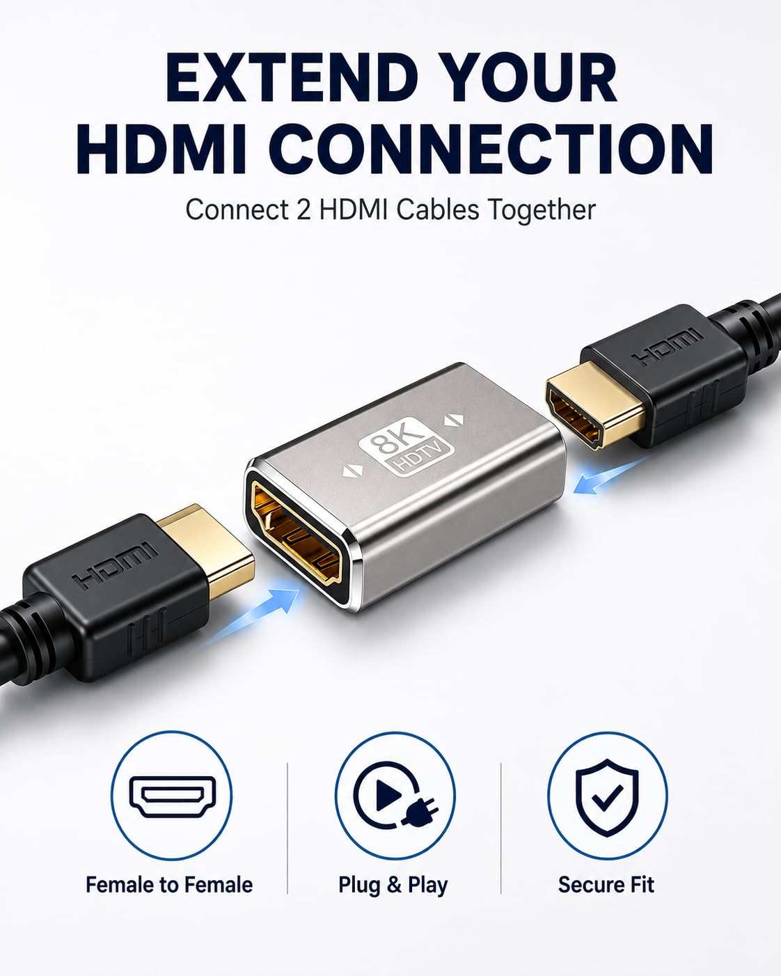 ONYXX Electronics 8K HDMI Female to Female Coupler, HDMI Extension Adapter, Gold-Plated HDMI Joiner Connector, Supports HDR, 3D & Ultra HD, Compatible with TV, Monitor, Projector, PC & Games Consoles