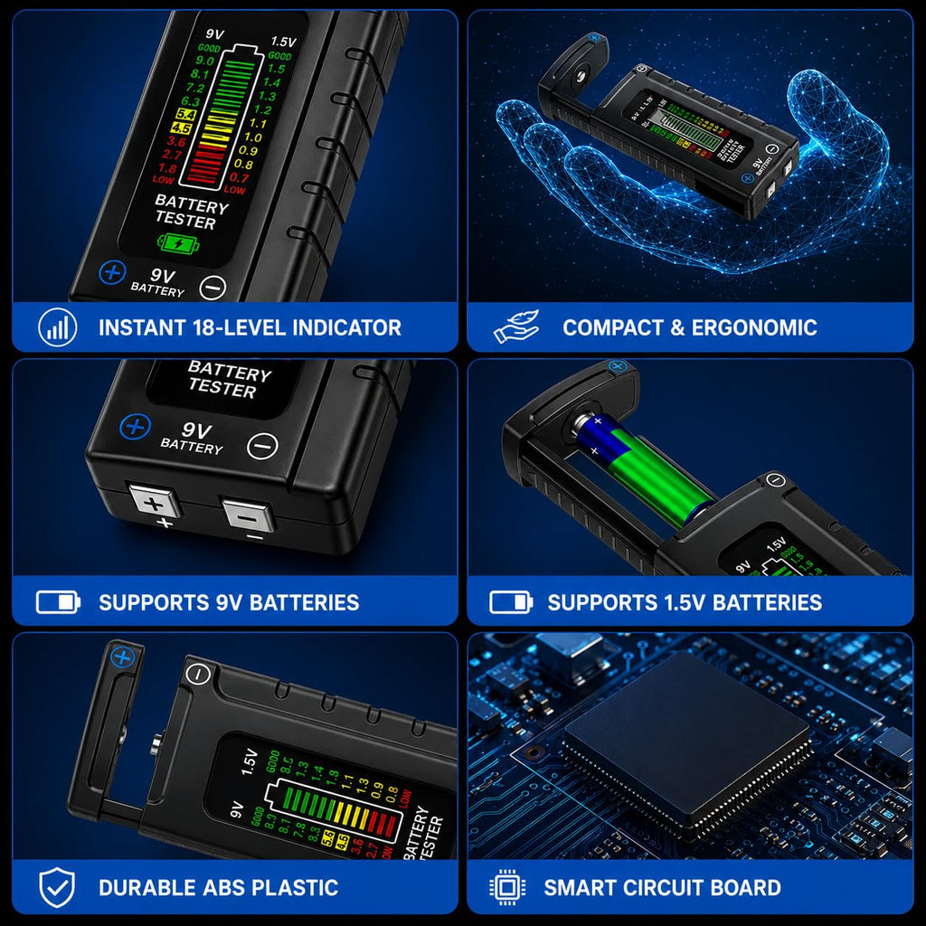 ONYXX E Digital Battery Tester with Easy Read LCD Display – Universal Household Battery Checker for AA AAA C D 9V 1.5V Cells – No Battery Required – Portable Battery Testing Tool
