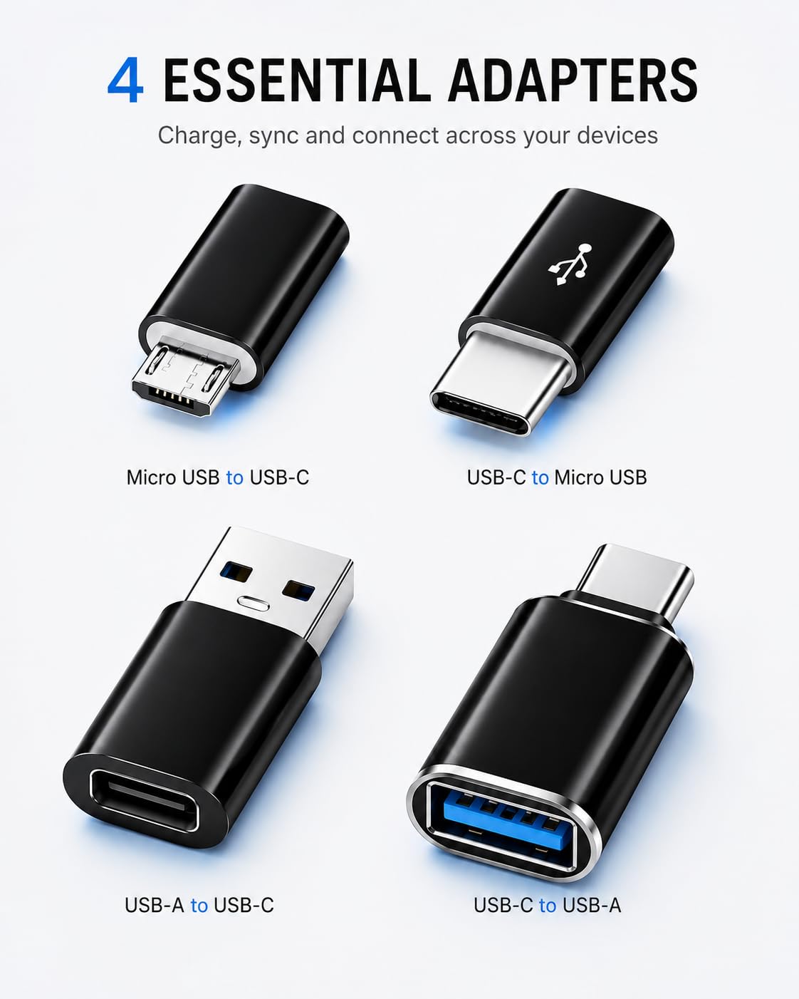 ONYXX Electronics USB Adapter Set of 4, USB C to USB Adapter, USB to USB C Adapter, USB C to Micro USB Adapter, Micro USB to USB C Adapter, OTG Converter Kit for Fast Charging & Data Transfer