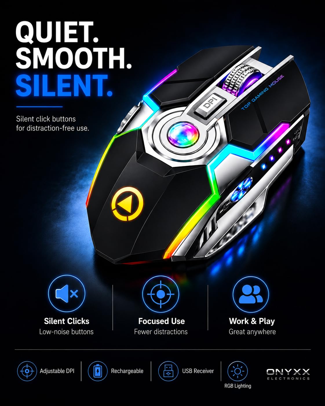 ONYXX Electronics Wireless Gaming Mouse Rechargeable RGB Backlit – Ergonomic Silent 7 Button Gaming Mouse with Adjustable 800-1600 DPI, USB Receiver, for PC Laptop Computer Gamer