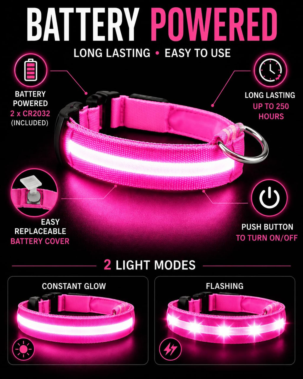 ONYXX Electronics LED Dog Collar, Light Up Reflective Dog Collar for Night Walking, Adjustable Safety Collar for Dogs, High Visibility LED Pet Collar, Battery Powered
