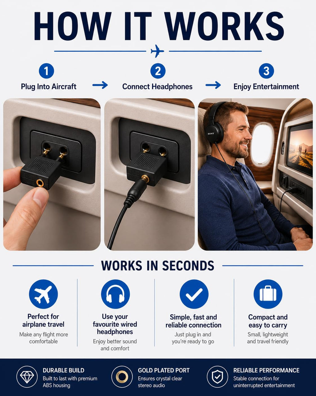 ONYXX Electronics Aircraft Headphone Adapter, Airline Dual 3.5mm Plug to 3.5mm Audio Jack Converter, Airplane Headphone Jack Adapter, Flight Entertainment Audio Adapter, Gold-Plated Connectors