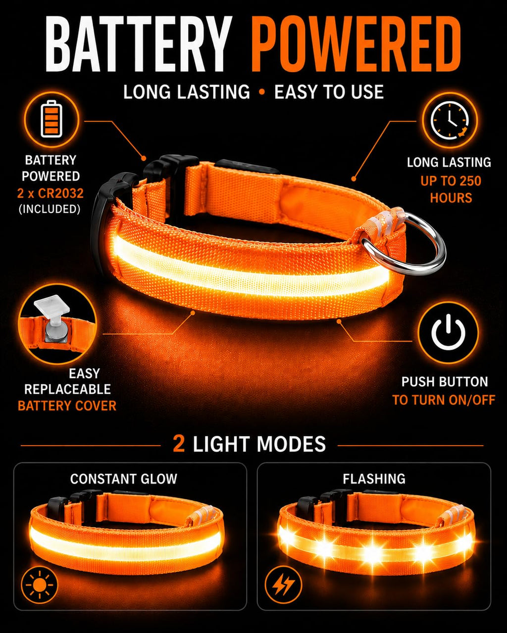 ONYXX Electronics LED Dog Collar, Light Up Reflective Dog Collar for Night Walking, Adjustable Safety Collar for Dogs, High Visibility LED Pet Collar, Battery Powered