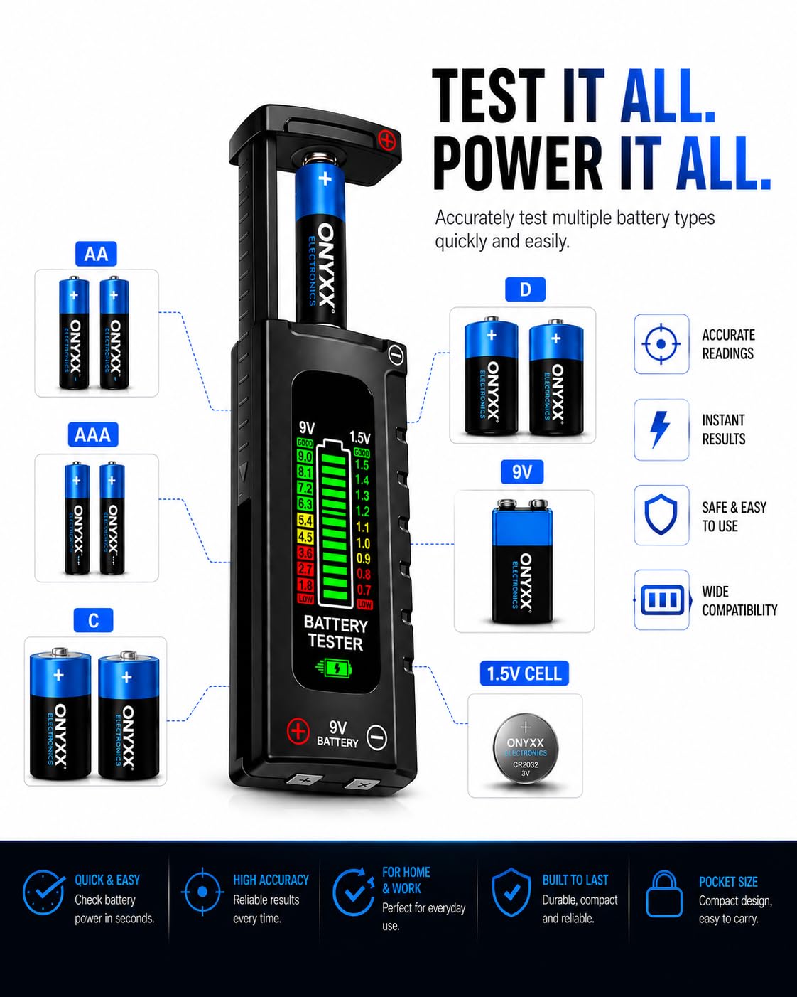 ONYXX E Digital Battery Tester with Easy Read LCD Display – Universal Household Battery Checker for AA AAA C D 9V 1.5V Cells – No Battery Required – Portable Battery Testing Tool