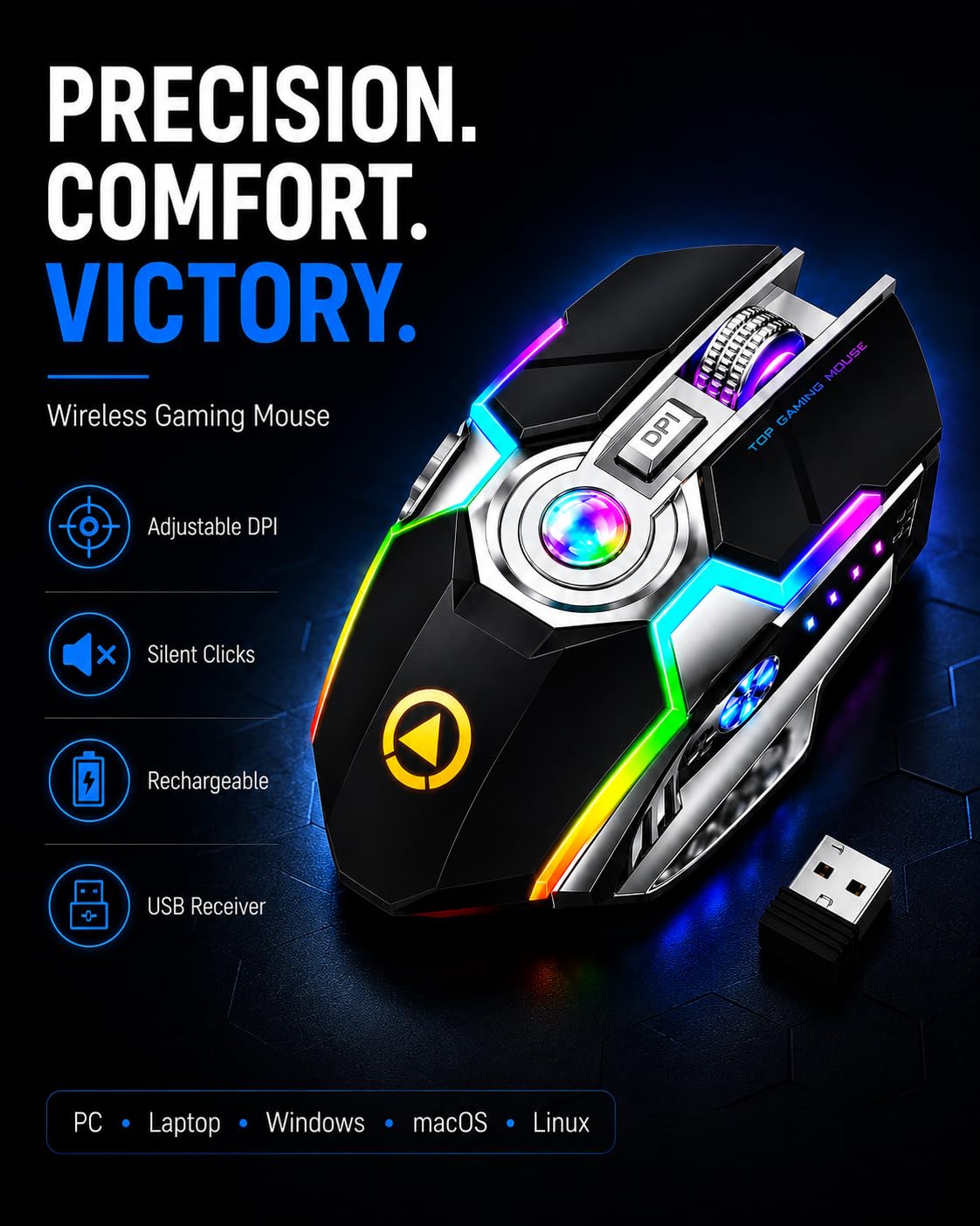 ONYXX Electronics Wireless Gaming Mouse Rechargeable RGB Backlit – Ergonomic Silent 7 Button Gaming Mouse with Adjustable 800-1600 DPI, USB Receiver, for PC Laptop Computer Gamer