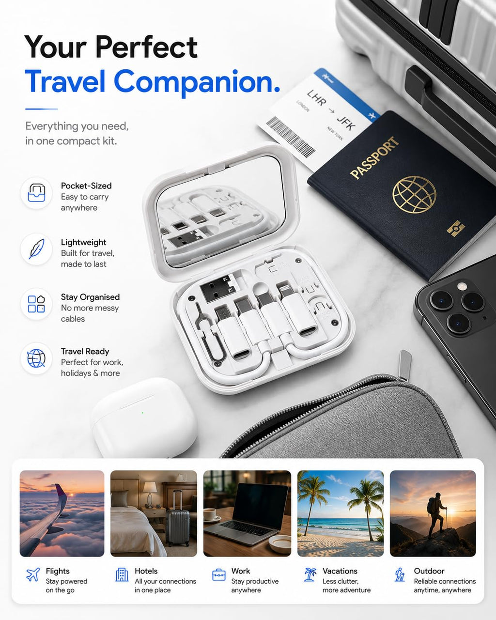 ONYXX Electronics Travel Charging Cable Kit with USB-C, Micro USB & USB-A Adapters, Compatible with Lightning Devices, SIM Card Eject Tool, Compact Portable Charging Case