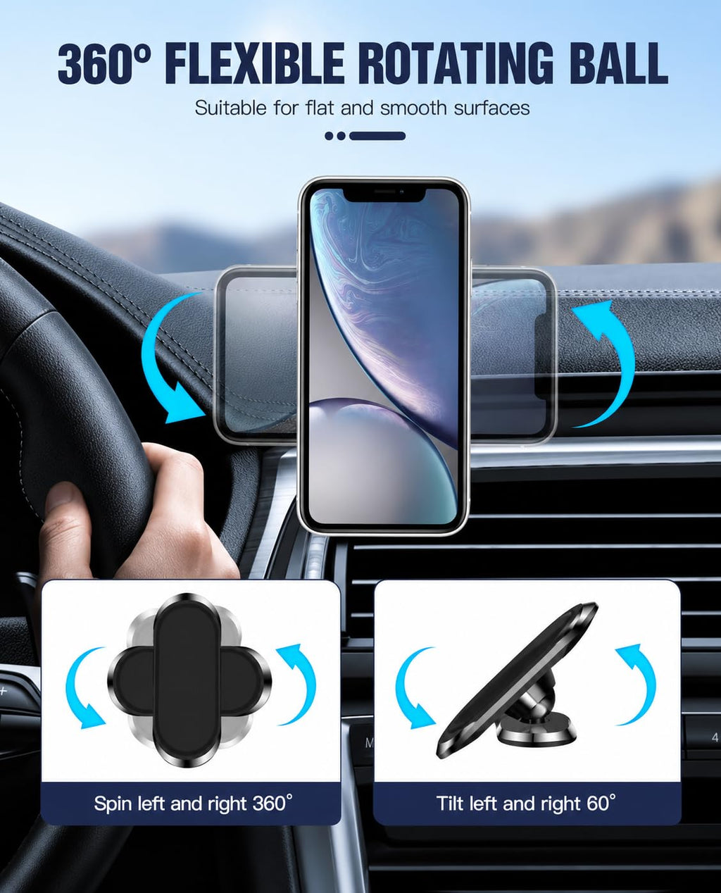 ONYXX Electronics Magnetic Car Phone Holder, Dashboard Phone Mount with 360° Rotation, Strong Magnetic Car Mount, Universal Phone Holder Compatible with iPhone, Samsung & Most Smartphones