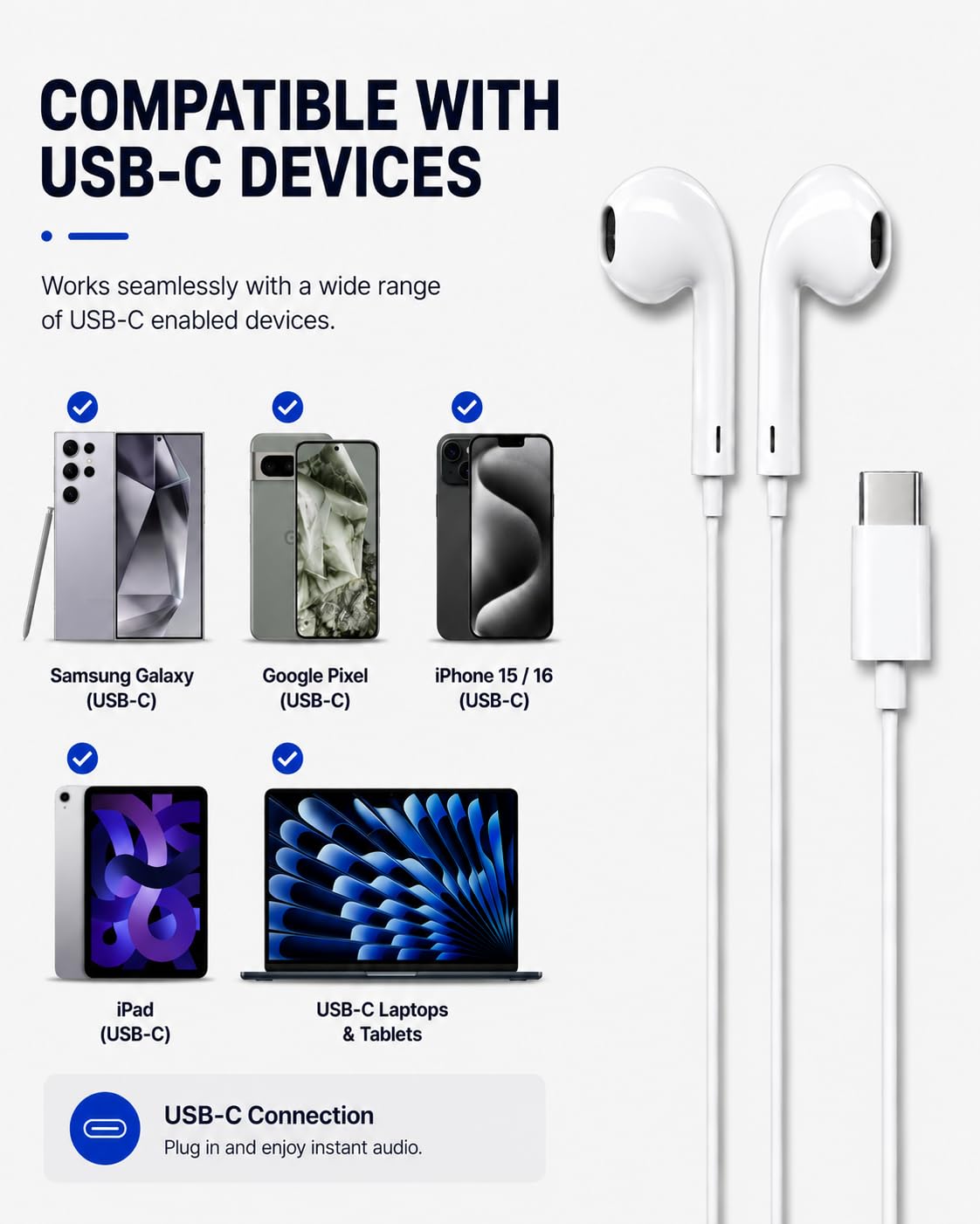 ONYXX Electronics USB-C Wired Earphones with Microphone, In-Ear USB C Headphones, Stereo Earbuds with Mic, Wired Earphones for Samsung Galaxy, iPhone 15 Series, Google Pixel, iPad & USB-C Devices
