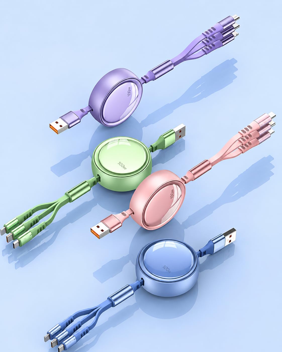 3 in 1 Charging Cable Retractable 100W Fast Charging Cord – USB Multi Charger Cable Compatible with Lightning, Type C & Micro USB, Anti-Tangle Adjustable Cable for iPhone Android Phones (1.2M)