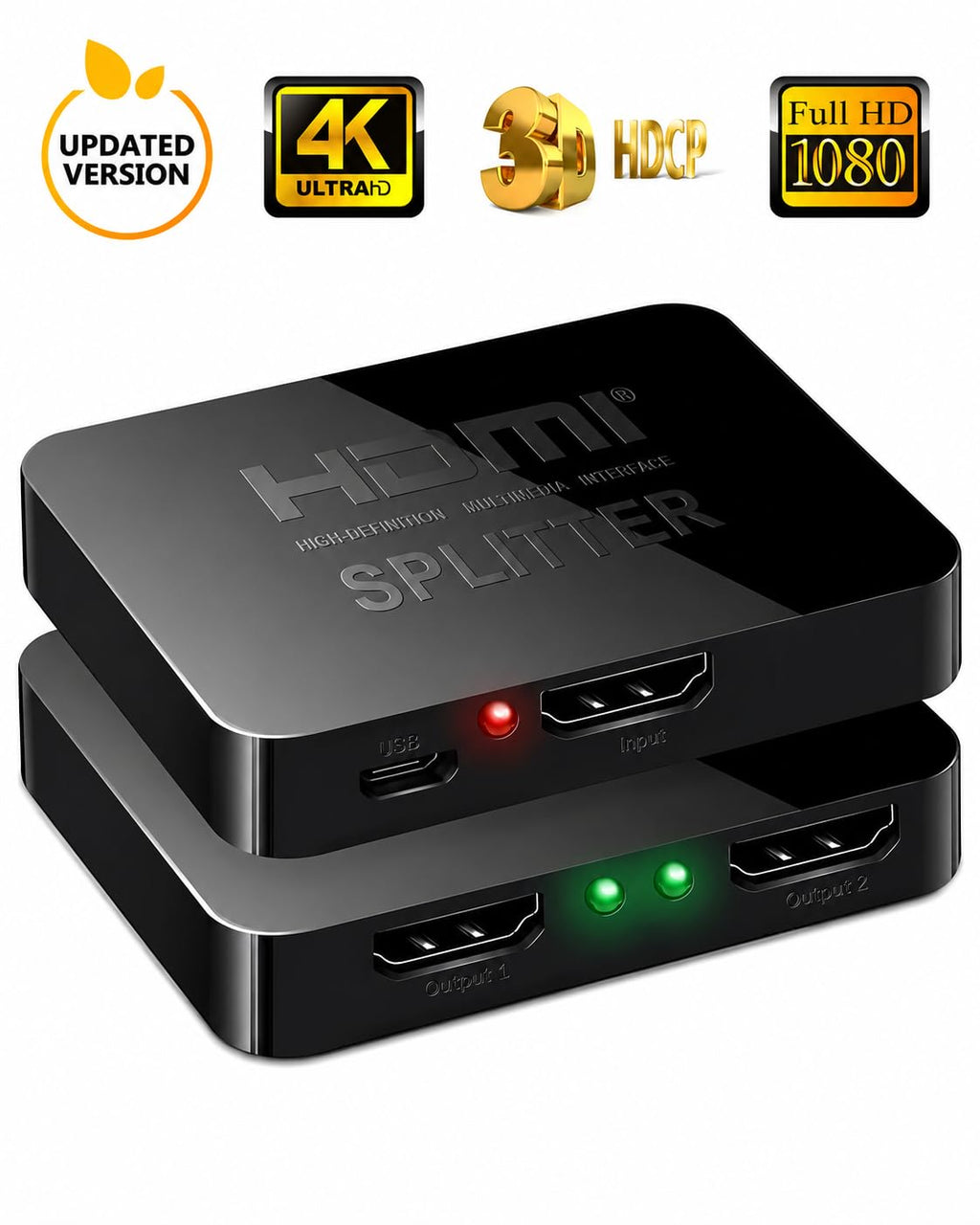 HDMI Splitter 1 in 2 Out 4K – HDMI Adapter for Dual Monitors, 1080P 3D Video Splitter Compatible with PS4, PS3, Roku, Blu-Ray Player, HDTV, Laptop & MacBook