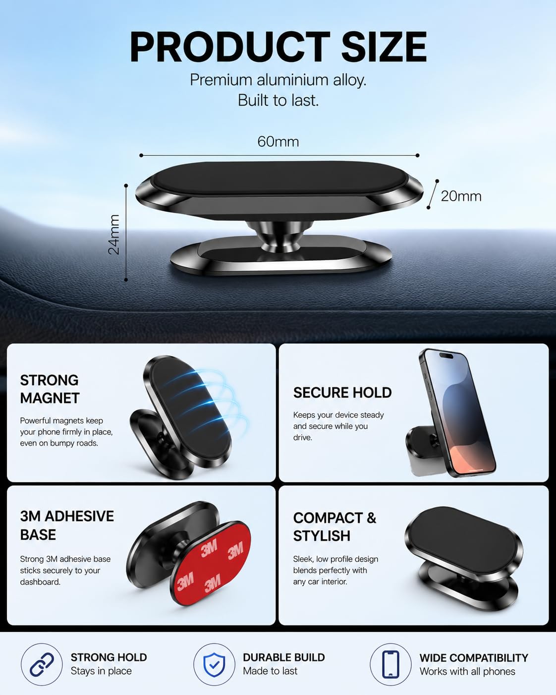 ONYXX Electronics Magnetic Car Phone Holder, Dashboard Phone Mount with 360° Rotation, Strong Magnetic Car Mount, Universal Phone Holder Compatible with iPhone, Samsung & Most Smartphones