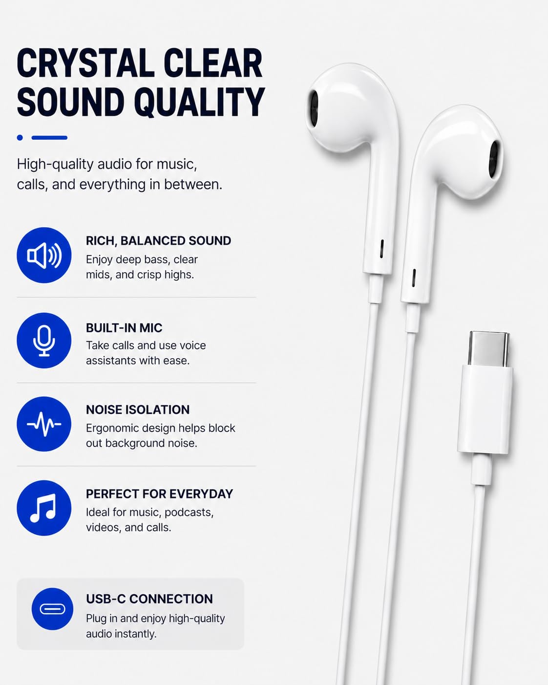 ONYXX Electronics USB-C Wired Earphones with Microphone, In-Ear USB C Headphones, Stereo Earbuds with Mic, Wired Earphones for Samsung Galaxy, iPhone 15 Series, Google Pixel, iPad & USB-C Devices